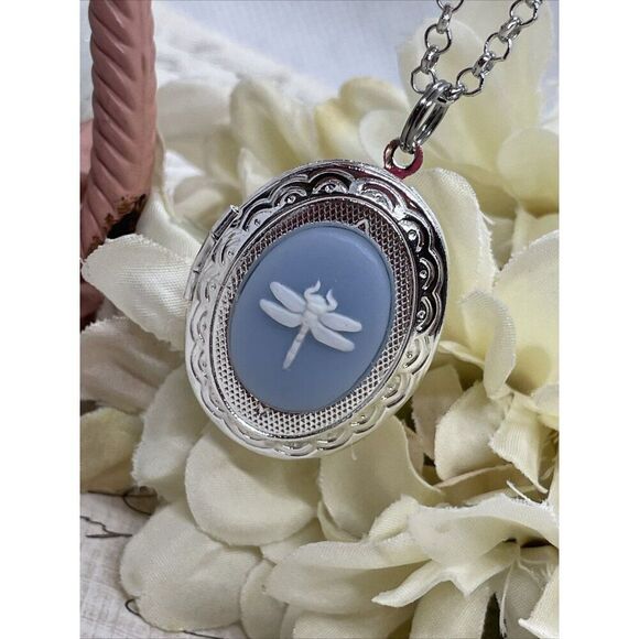 Dainty Cameo Dragonfly Locket Silver Easter Mom Blue White Daughter Gift Wedding - Picture 2 of 12